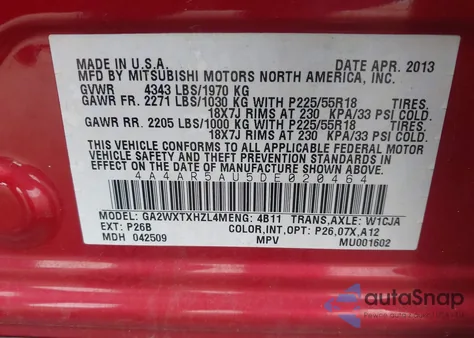 2013 Mitsubishi Outlander Sport Le from USA, damaged, VIN 4A4AR5AU5DE020464